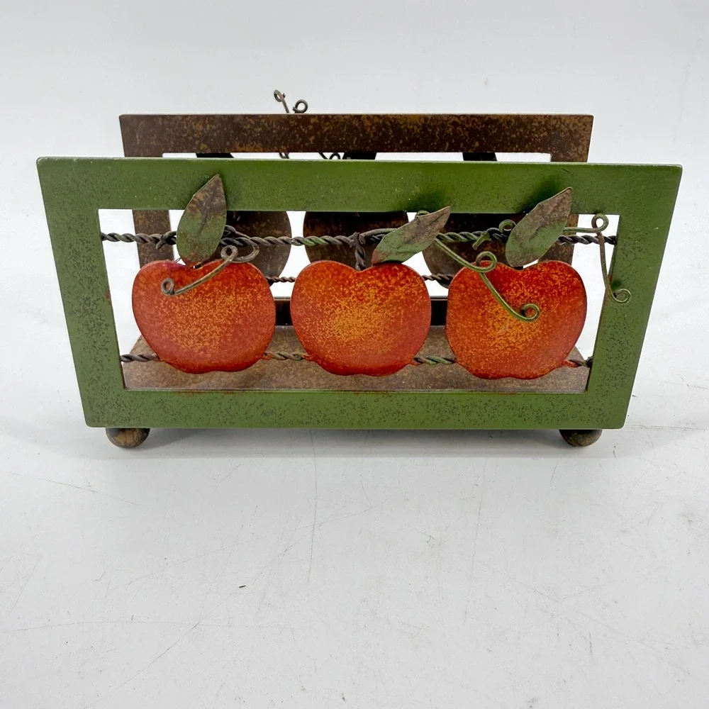 Metal Napkin Holder VTG 80 90 Red Apple Rustic Farmhouse Decor 2 5/8